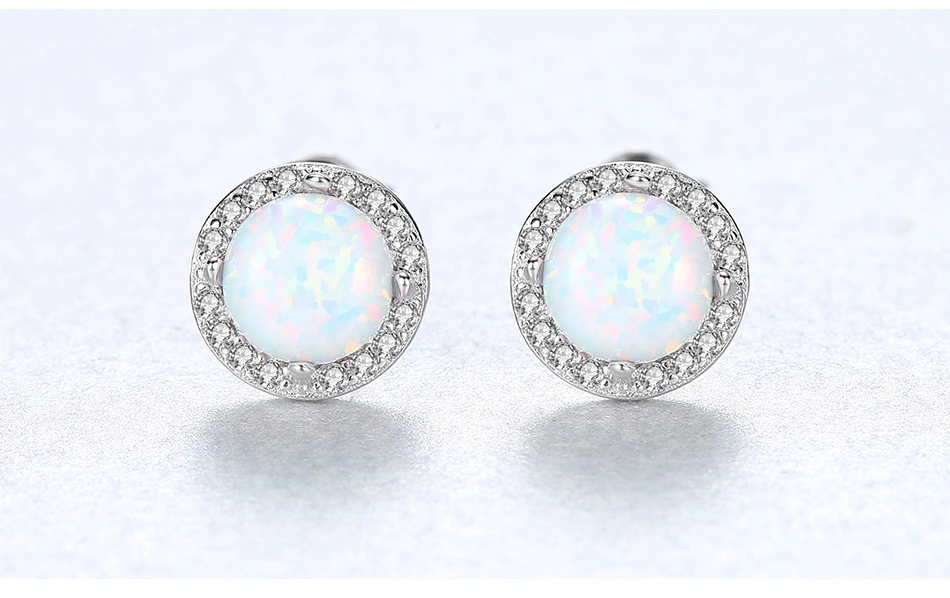 Round Treasure Blue Opal Gemstone CZ S925 Silver Stud Earrings