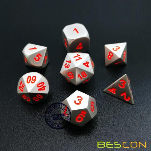 Bescon 7pcs Set Solid Metal Polyhedral D&D Dice Set Matt Silver with Orange Numbers, Metal RPG Role Playing Game Dice Set