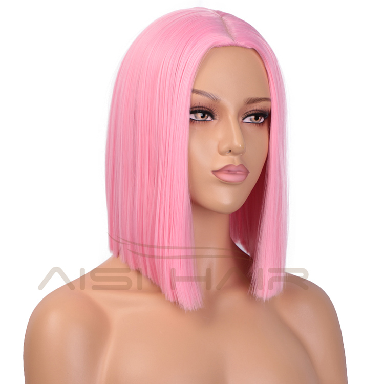 Aisi Hair Synthetic Heat Resistant Wigs For White Black Women Short Straight Pink Bob Middle Part Shoulder Length Hair Wigs