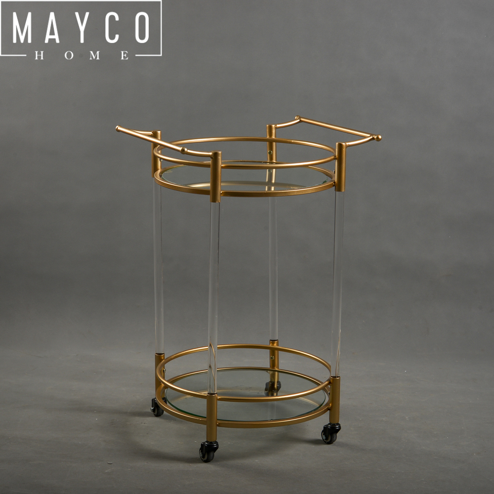 Mayco Brass Gold Finished Acrylic Rolling Serving Bar Cart with Tempered Glass and 4 Locking Caster Wheels for Easy Mobility