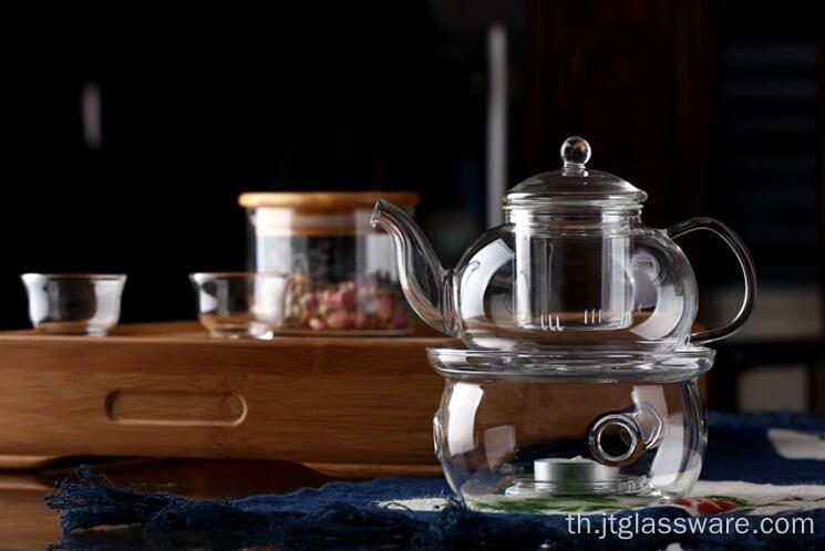 ชุดกาน้ำชาแก้วพร้อมที่อุ่นและถ้วย