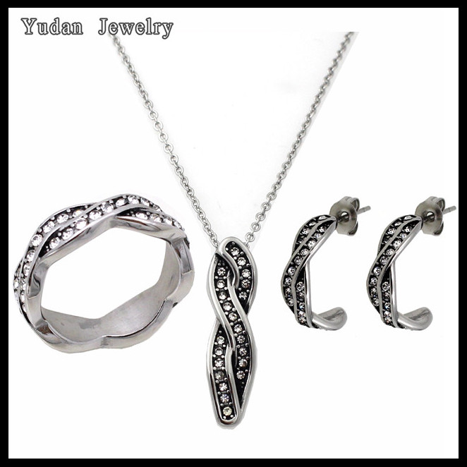 Wholesale Fashion Stainless Steel Leaf Ring Pendant Earring Plated Gold Jewelry Sets