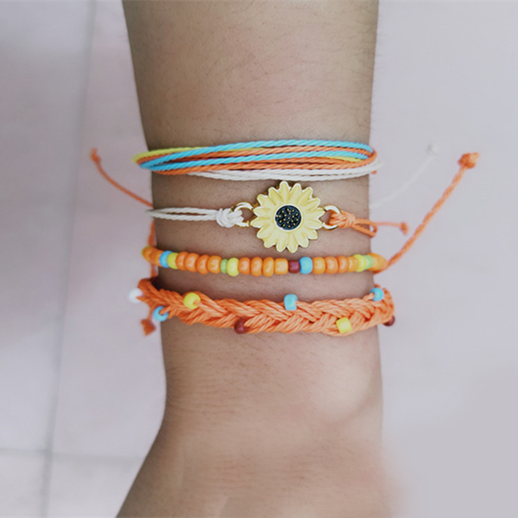 Bracelet en corde tressée String étanche Ocean Surfer Bracelet perlé Boho femmes charme de tournesol