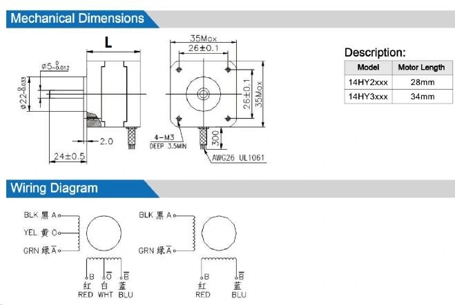 35mm 2 Phase 4 Wires NEMA 14 Hybrid Stepper Motor