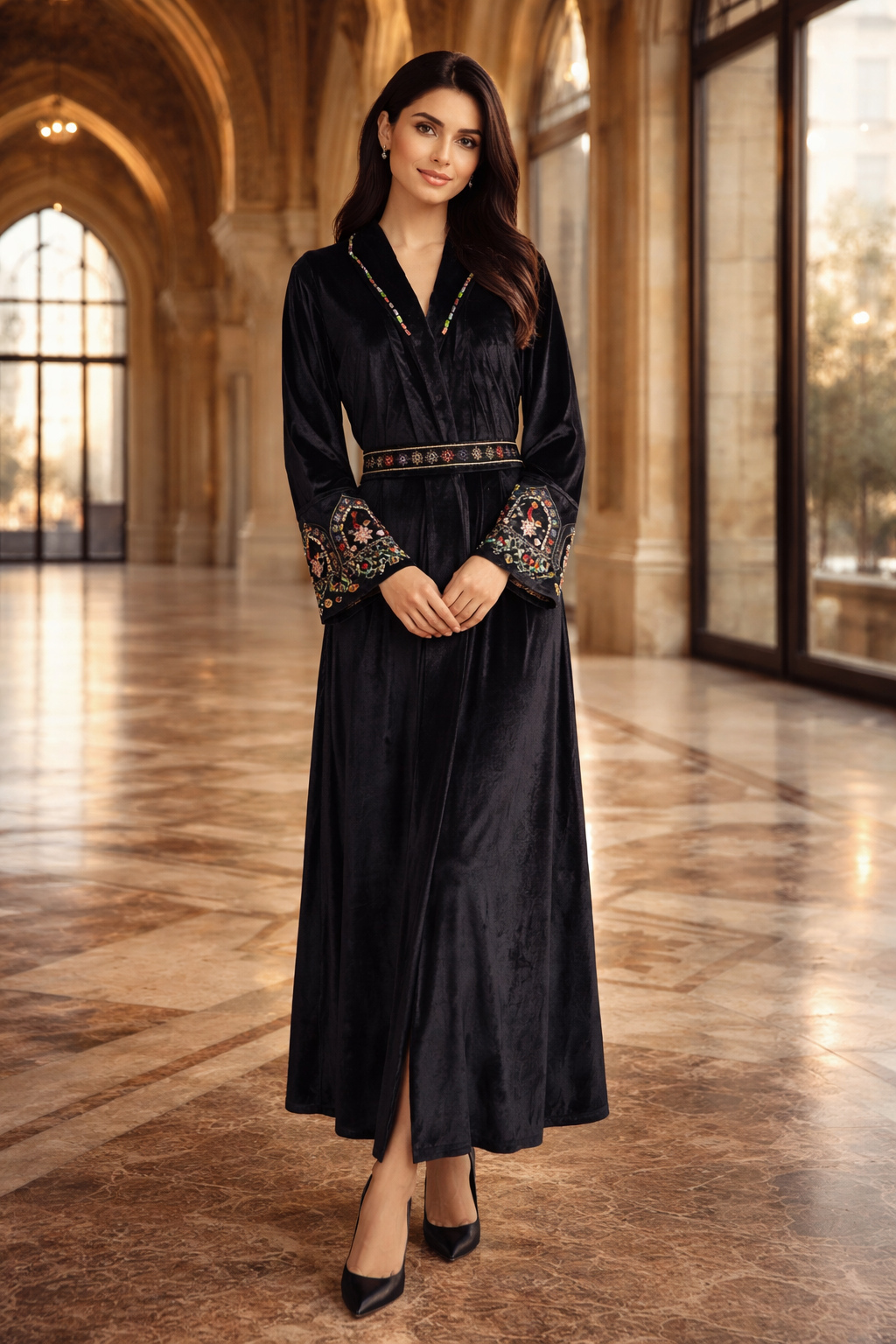 نمای جلوی کمر عبایی دوزی شده مخملی مشکی black belted velvet abaya embroidered waist front view