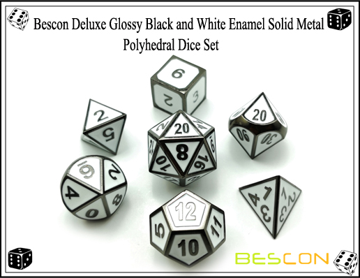 Bescon Deluxe Glossy Black and White Enamel Solid Metal Polyhedral Role Playing RPG Game Dice Set (7 Die in Pack)-7