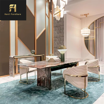 Marble Inlaid Stainless Steel Luxury Villa Dining Table - Customizable Elegant Design