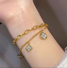 Double-layered Bracelet with Clover and Cuban Chain