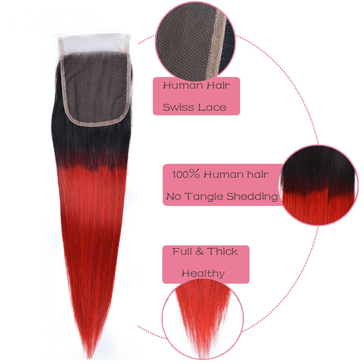 Best Quality Ombre Peruvian Hair Virgin Hair Extension Silky Straight Two Tone 1B/Red Bundles With Closure