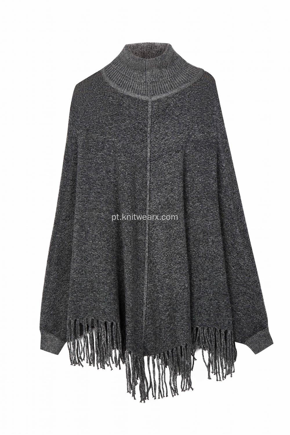 Feminino tricotado elástico com borlas de gola alta Poncho