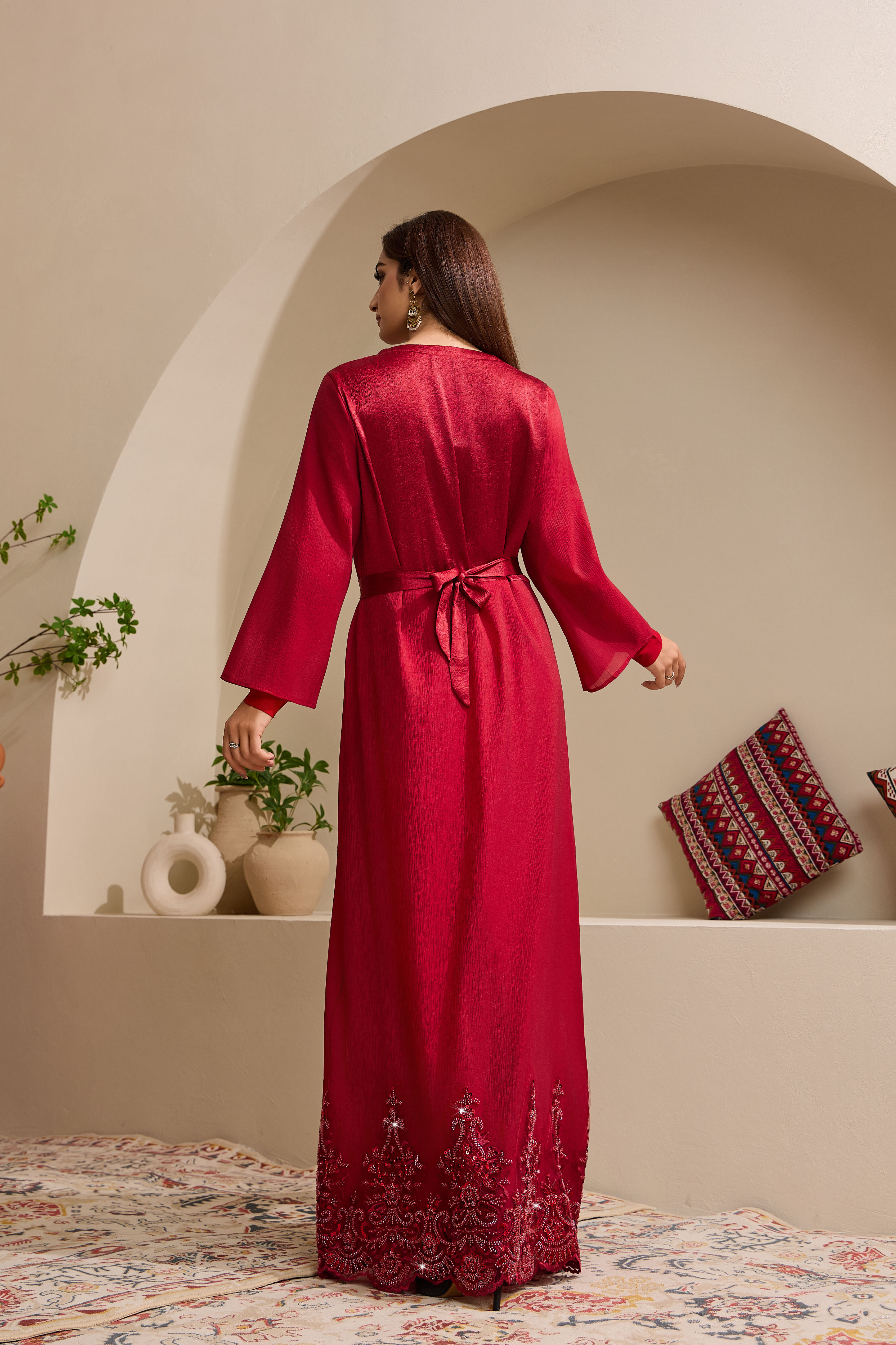 مدل عبایی سجاف توری توری شرابی نما 06 burgundy beaded lace hem satin abaya model styling view 06