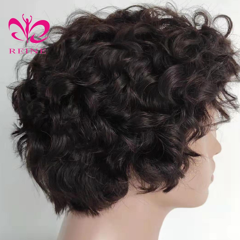 REINE Fashion Brazilian virgin Curly Short Pixie Human Hair Lace Frontal Wig For Black Women