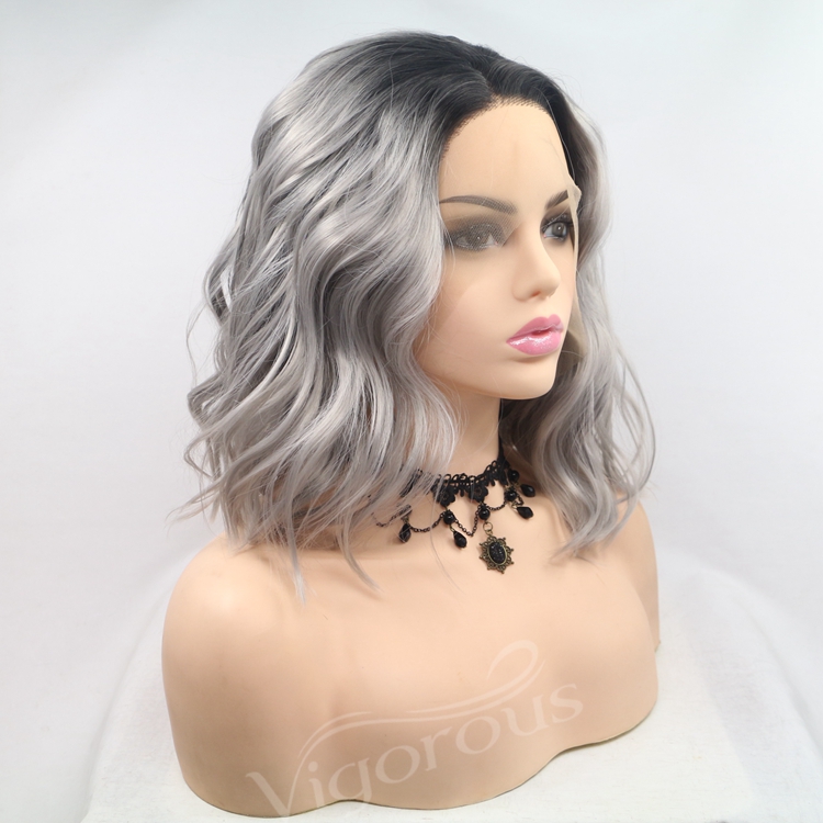 Vigorous ombre short bob premium high quality curly wholesale black women synthetic hair wigs with lace front