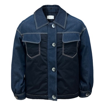 Men's Denim Jacket with Down Padding and Color Blocked Patchwork Design