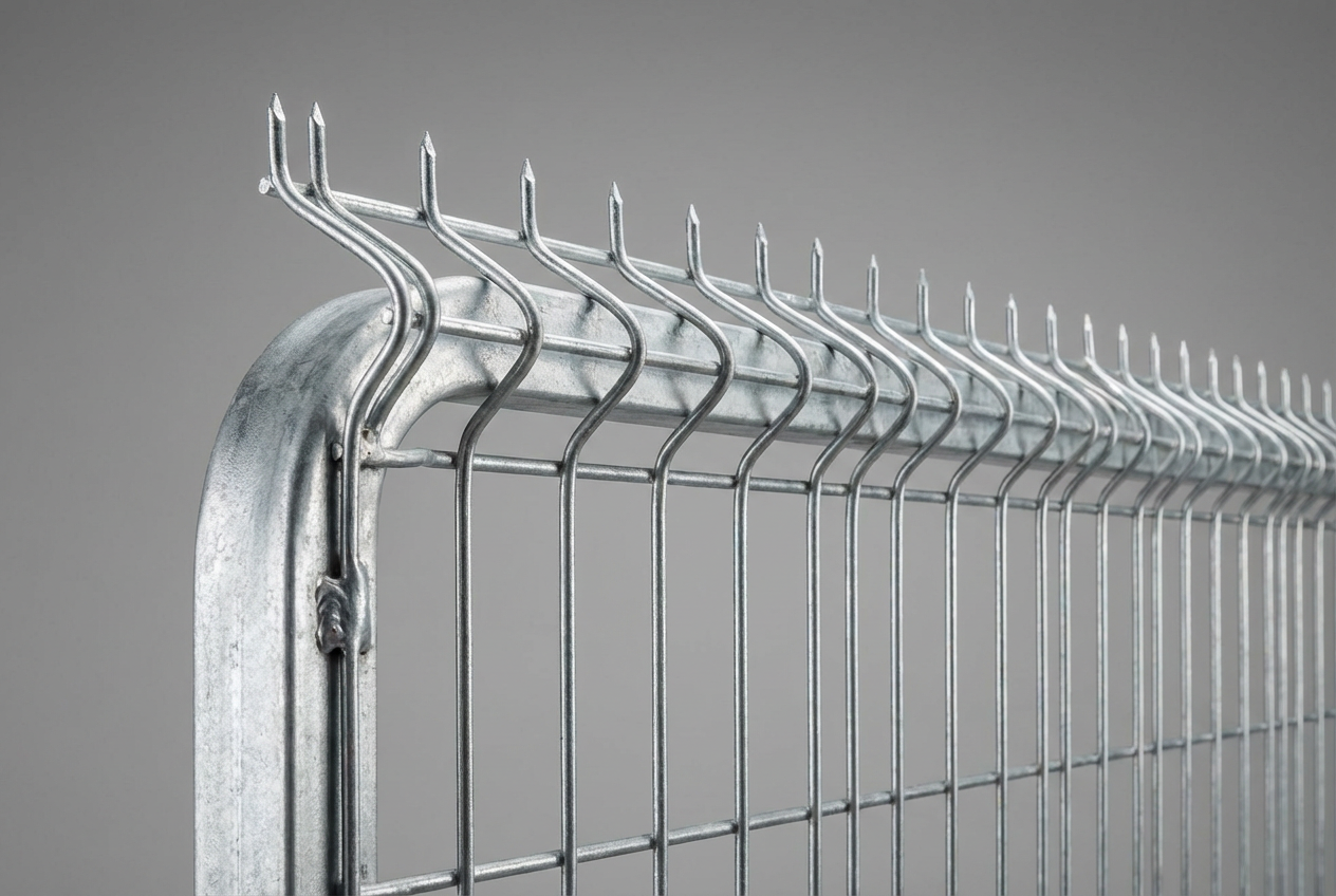 Dettaglio pannello recinzione antiscavalcamento Anti-climb fence panel detail showing extended top bending design and welded mesh construction