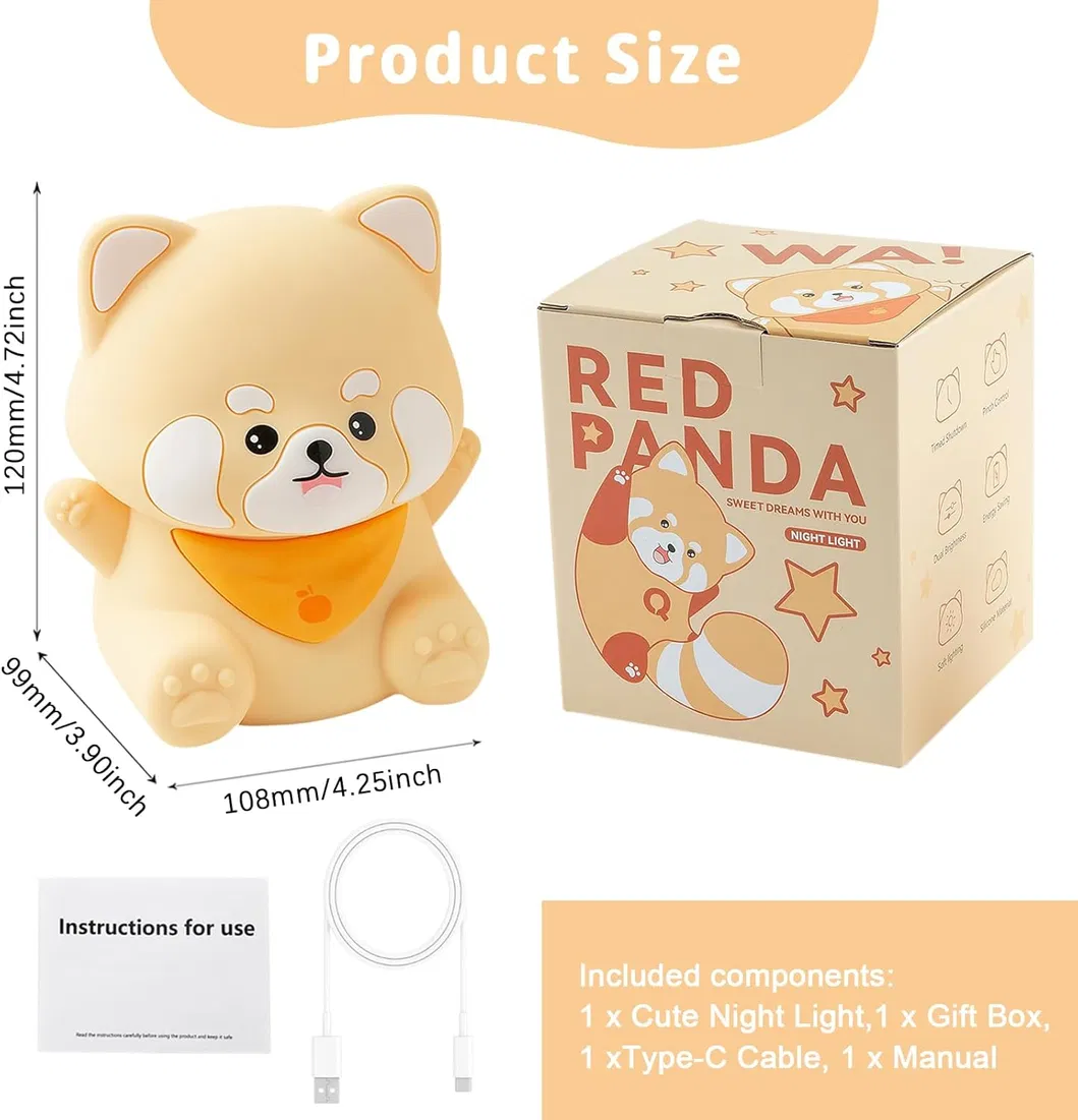 Adorable Rechargeable Red Panda Touch Lamp for Kids′ Rooms