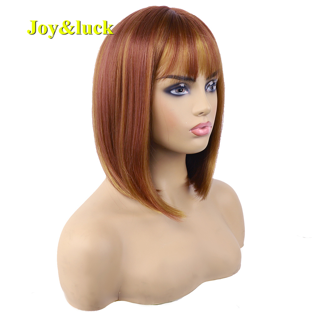 Women's Wholesale Wig With Bangs Cosplay Brown Highlight Golden Blonde Natural Straight Short Bob Cut Wig Synthetic Hair Wigs