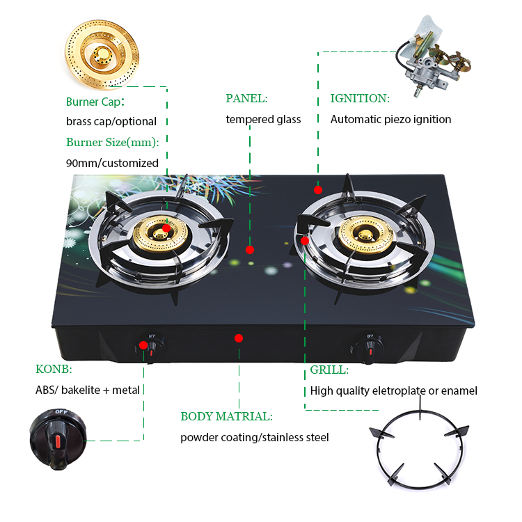 Três Queimador LPG skd ckd Fogão a gás Vidro temperado impressão 2D Fogão a gás