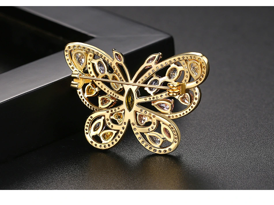 Rainbow Color Gold Plated CZ Butterfly Brass Brooch