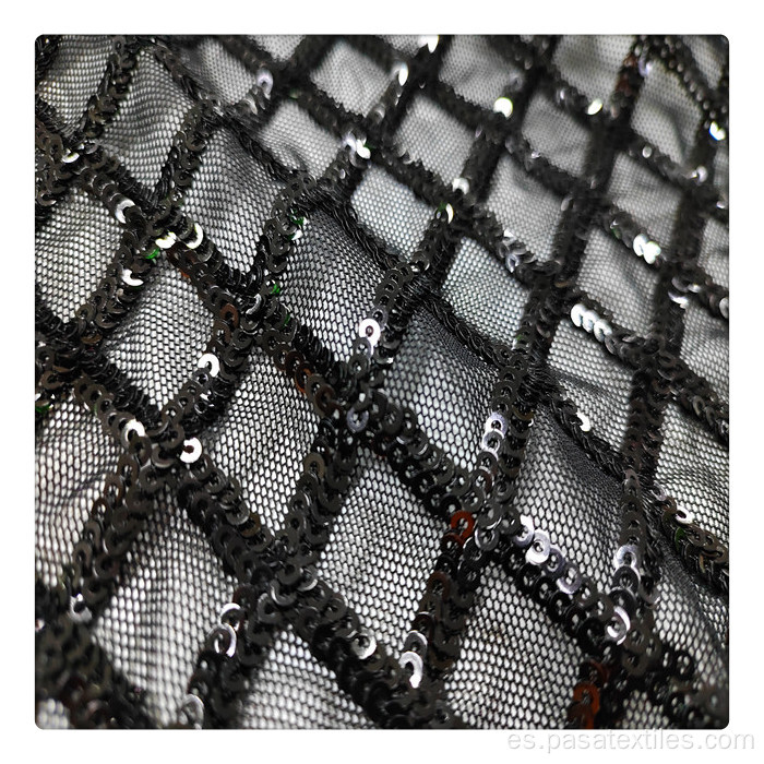 Material de malla bordado Sequin Sequin Diamante negro Diamante Bordado de malla de lentejuelas bordado en spandex