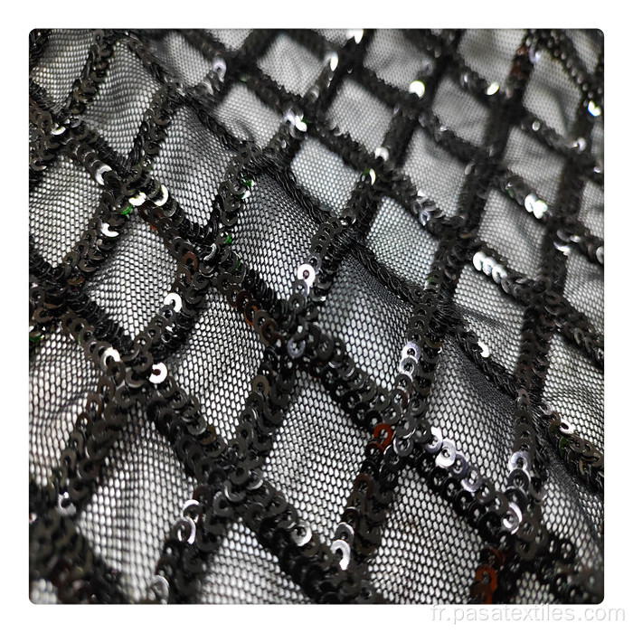 Broided Mesh Mateh Sequin Diamond Black Broidered Sequin Mesh Fabrière de tissu sur Spandex