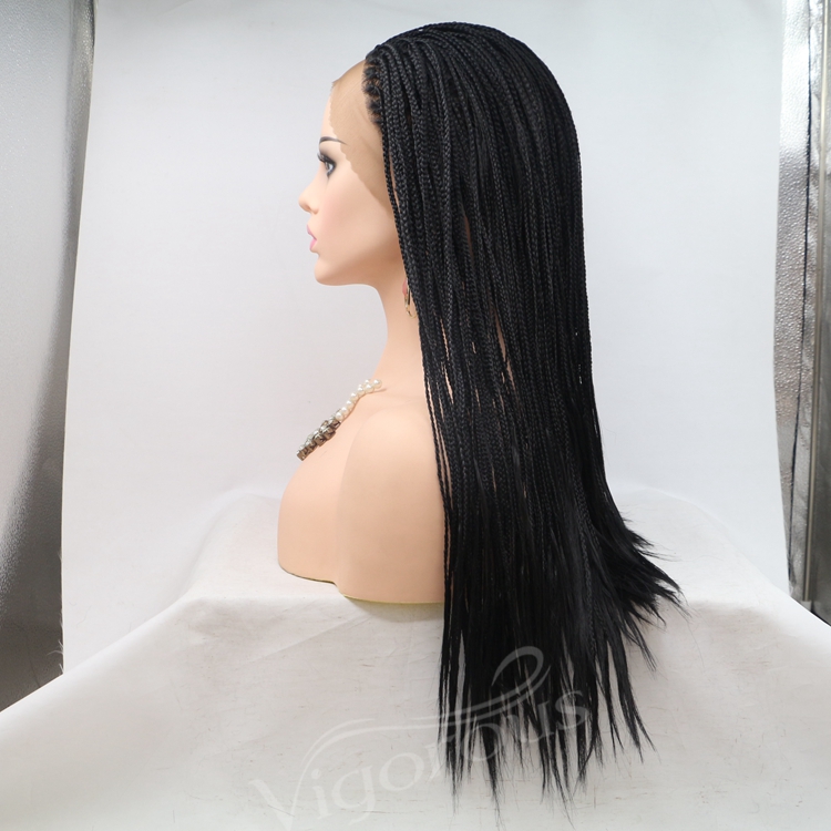 Long straight black cheap wholesale high quality heat resistant synthetic braided wig with lace front