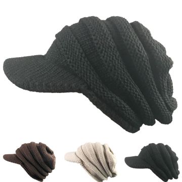 Wholesale Mens Beanie with Brim - Winter Hat Knitted Thick Fleece Visor Beanie