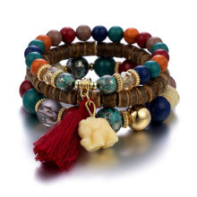 3PCS Bohemia Elephant Tassel Bracelet Set: Coconut Shell & Acrylic Bead Women's Boho Jewelry
