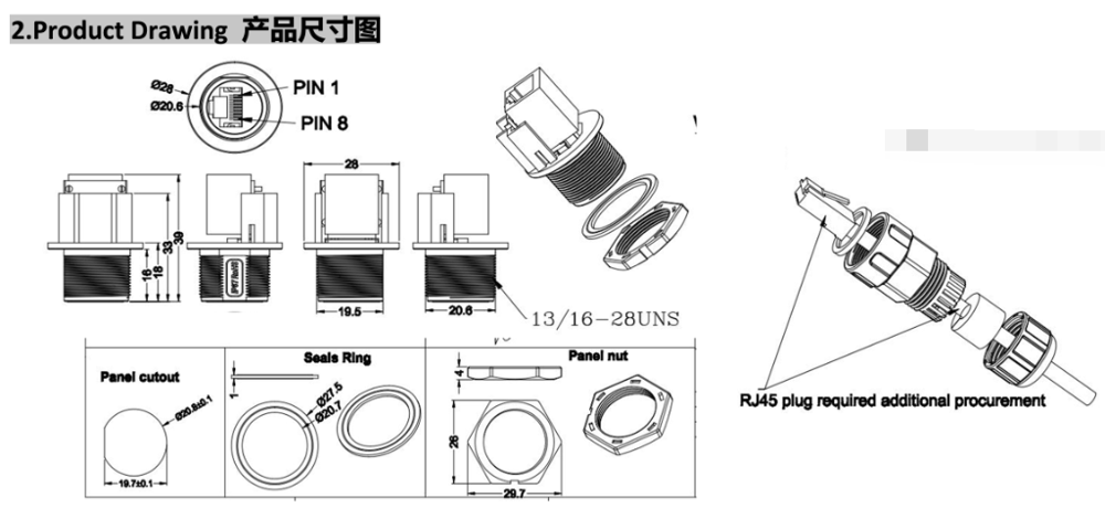 M20 M22 M25 8 Pin Female RJ45 Socket connector