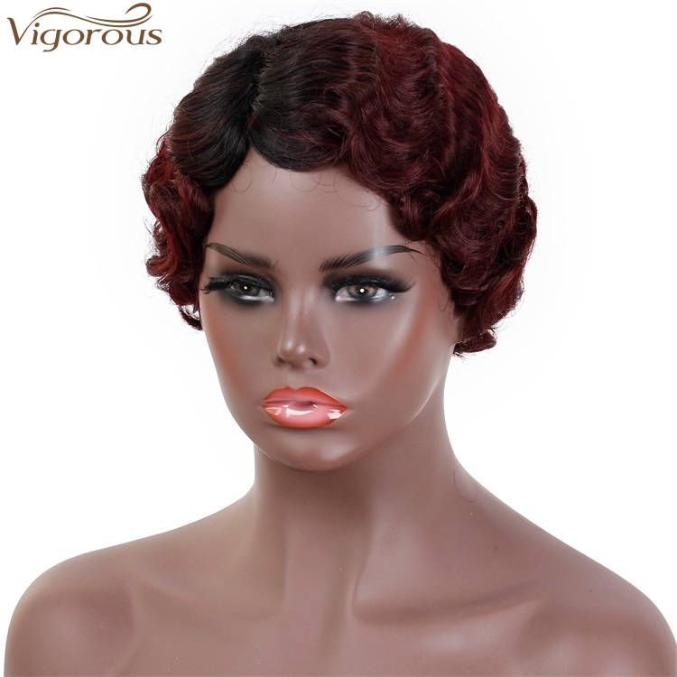 Vigorous Good Quality Ombre Red Short Finger Wave Wig Wig Part Side Synthetic Wigs Wholesale Price Heat Resistant