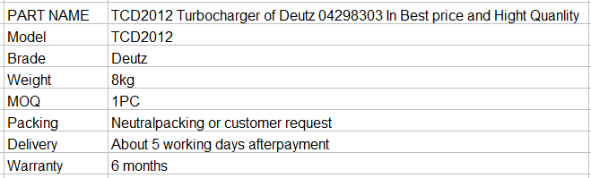 TCD2012 Turbocharger of Deutz 04298303 In Best price and Hight Quantity .