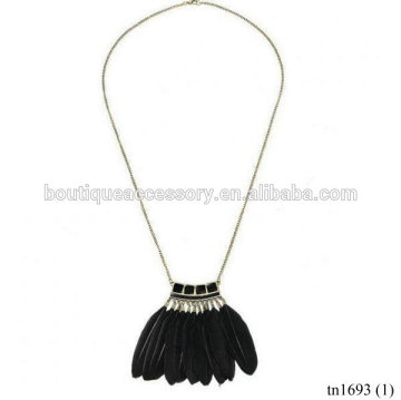 Vintage Gold Black Feather Pendant Necklace