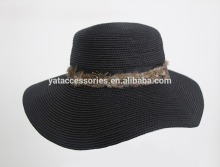Ladies' black color paper braid straw hat, floppy hats, summer hat with feather trimming