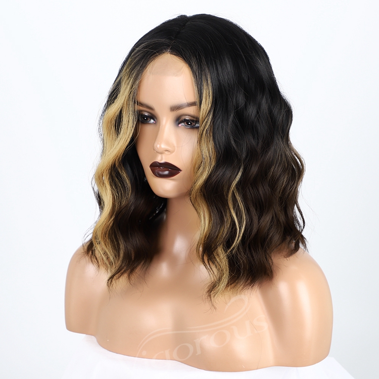 Top Quality Short Wavy Bob Wigs Black Women's Middle Part Highlight Blonde Synthetic Lace Wigs Wholesale Price