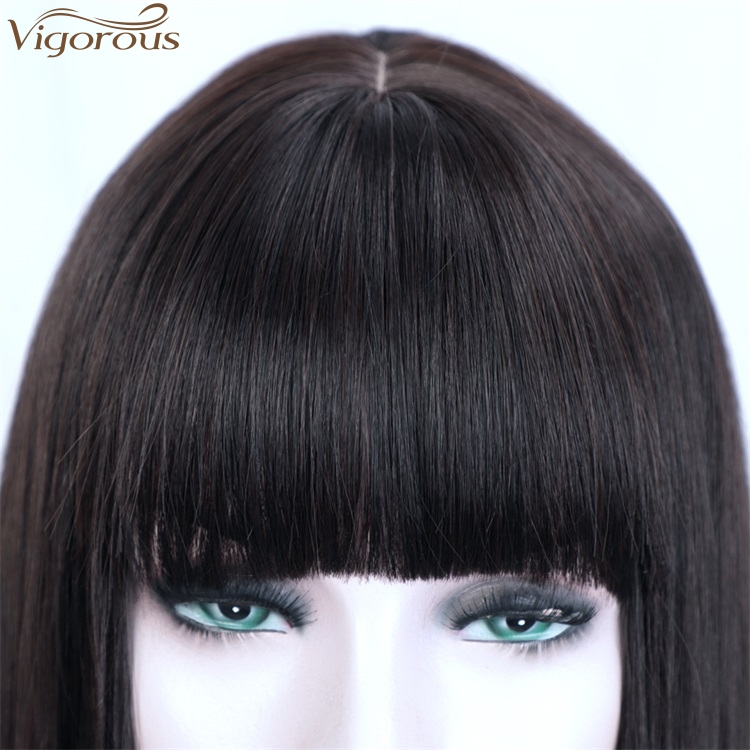 Vigorous High Temperature Cheap Long Silky Straight Black with Flat Bangs Synthetic Hair Wigs for Women Wholesale Price