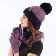 Warm Jacquard Knitted Rib Cuffed Bobble Beanie with Faux Fur Pompom