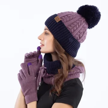 Warm Jacquard Knitted Rib Cuffed Bobble Beanie with Faux Fur Pompom
