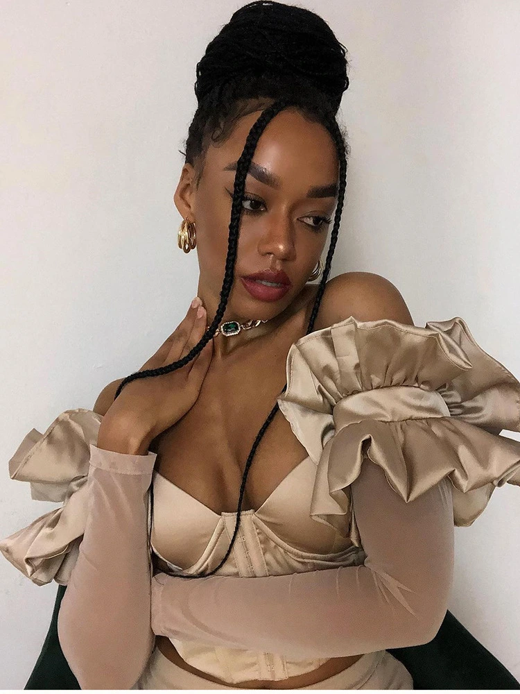 Cheapest Spring Satin off The Shoulder Top Women 2021 Summer Long Sleeve Corset Sexy Crop Fashionable Women Tops