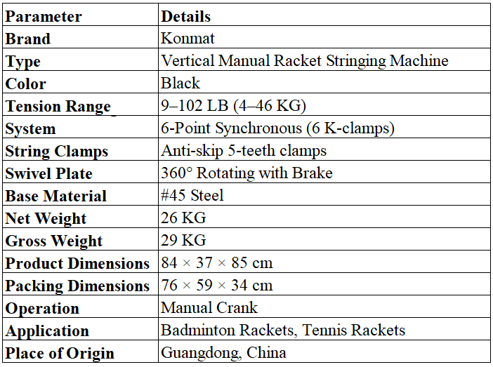 Konmat Vertical Stringing Machine Data