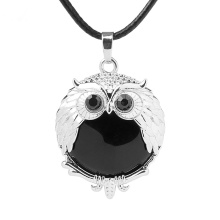 Black Onyx 24mm Beads Silver Owl Pendant Necklace 45cm Black Cord