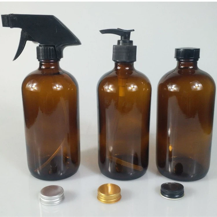 Amber Blue Transparent Boston Glass Bottle 500ml 300ml with Dispenser Pump Spray Screw Caps