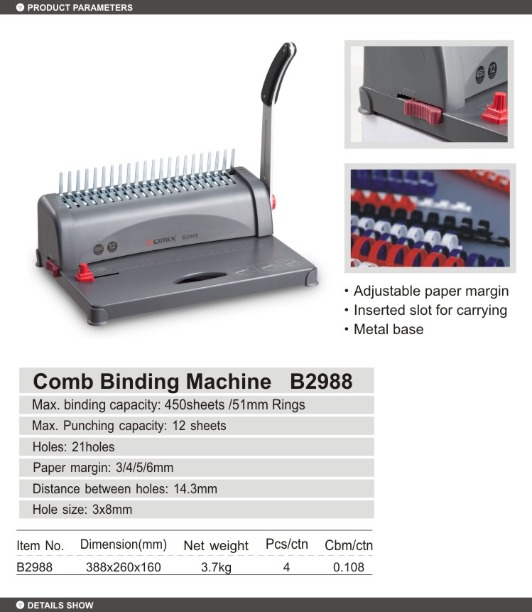 comix good quality 21 holes Comb Binding Machine Type and Manual Power Thermal Binding machine