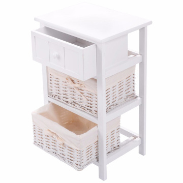 White Wood Night Stand Storage Drawer 2 Baskets