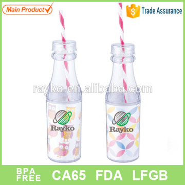 plastic double wall drink bottle with lid and straw