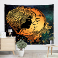 Moon and Sun Tapestry Wall Hanging Bohemian Mandala Indian Hippie Galaxy Yellow Wall Tapestry for Livingroom Slaapkamer Dorm Home D