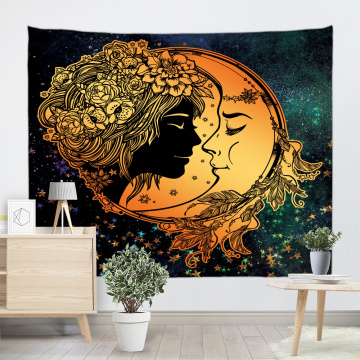 Moon and Sun Tapestry Wall Hanging Bohemian Mandala Indian Hippie Galaxy Yellow Wall Tapestry for Livingroom Bedroom Dorm Home D