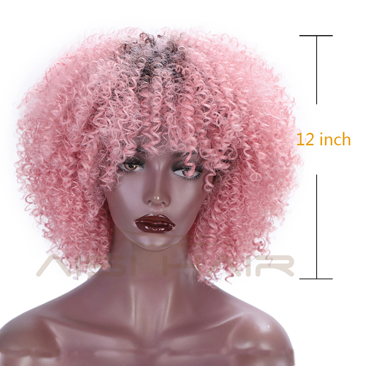 Aisi Hair Short Kinky Fluffy  Ombre Pink Wig Heat Resistant Synthetic Fiber Afro Curly Wigs For Black Women Cosplay Party Wigs