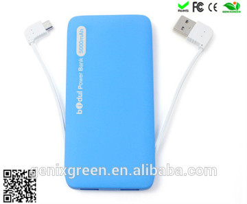 High Capacity mobile power bank 5000mah built-in cable