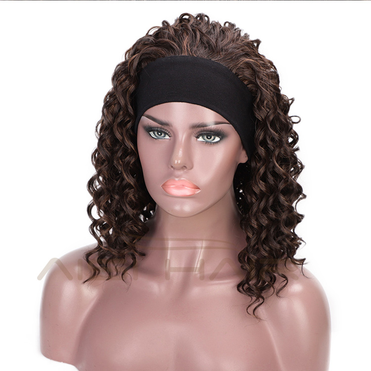 Aisi Hair 3/4 Half Wig Women's Short Full Curly Premium Synthetic Brown Hair Wig with Black Headband for Black Women