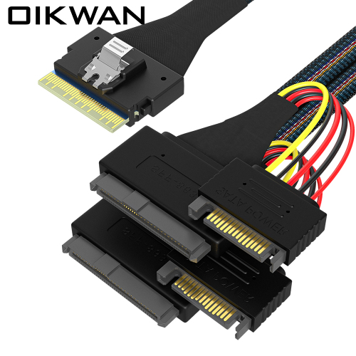 Slimsas SFF-8654 8i hingga 2SFF-8639+15pin kabel kuasa SATA